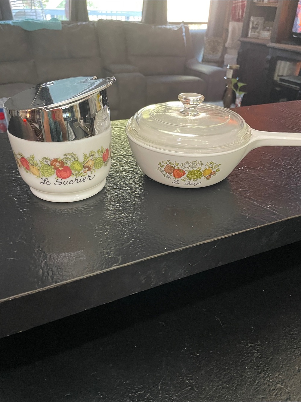 Corning Ware/Gemco Ceramic Sugar Jar and Covered Saucepan in White French Spice